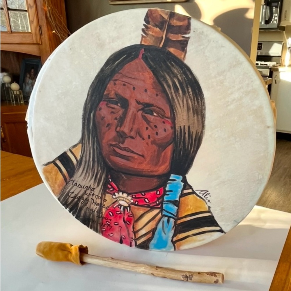 Authentic Native American hand drum & stick hand painted by Alix Mosieur